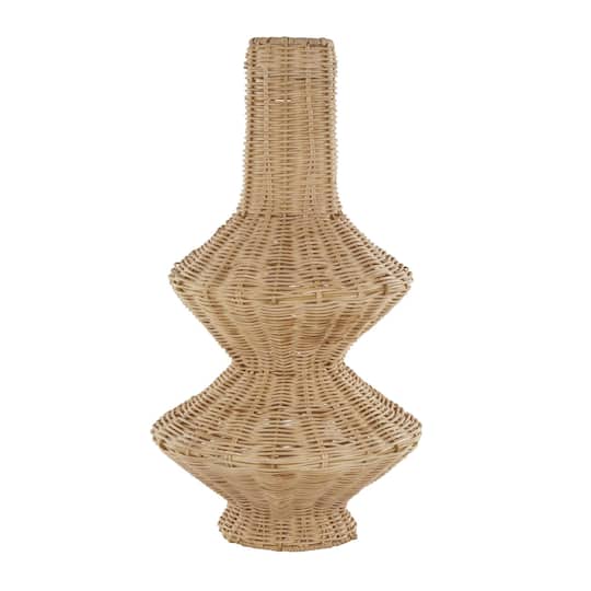 16" Brown Rattan Handmade Fluted Hourglass Vase